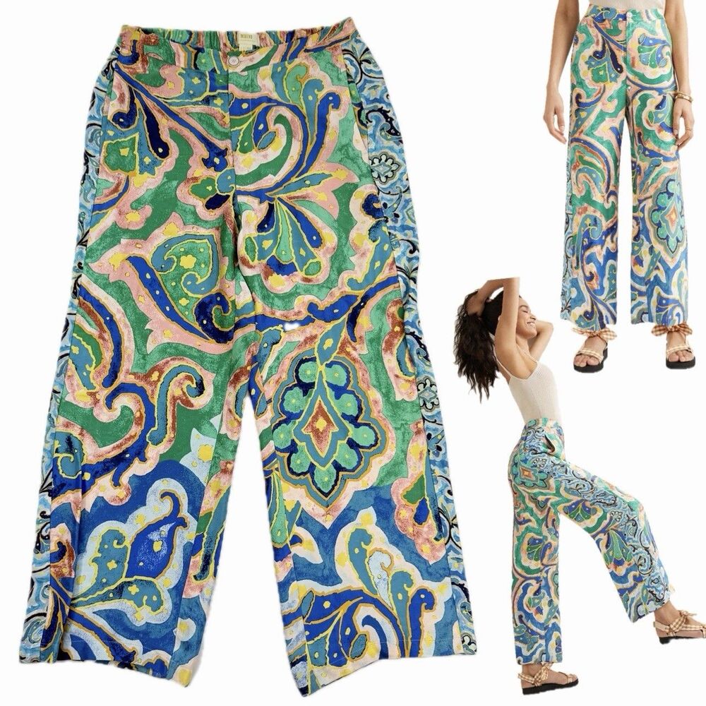Maeve Anthropologie Rhiannon Satin Crop Wide Leg Pants Sz 12 Multicolor Paisley